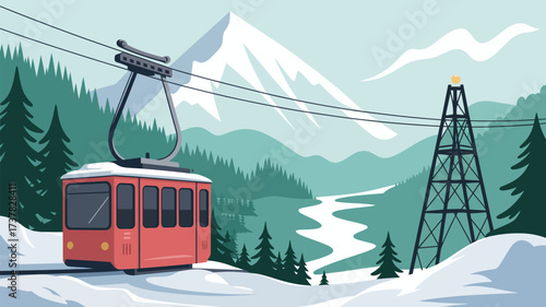A red cable car in a snowy mountain landscape with a river and a transmission tower in the background