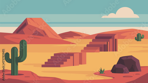 A cartoon desert landscape with cacti, mountains, stairs, rocks, and a single cloud in the sky