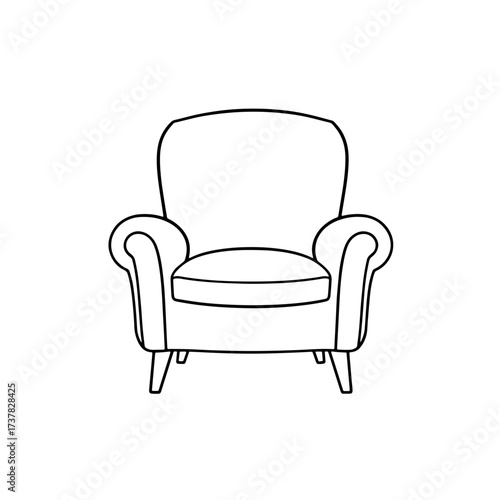 Simple armchair drawing presented as black outline illustration on white background. Armchair drawing features classic upholstered chair design with rolled arms, sturdy legs,