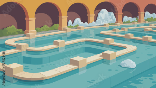 A cartoon illustration of an aqueduct with water flowing through it under a series of arches and stone paths