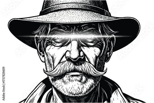 Vector art of a stern cowboy with glowing eyes, wearing a hat and sporting a handlebar mustache, stares intensely ahead a striking monochrome portrait