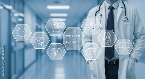 Doctor with medical icons for wellness and longevity in hospital corridor healthcare