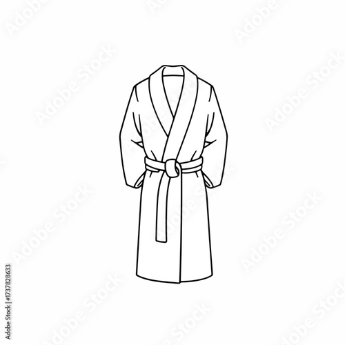 Minimalist bathrobe outline in simple line art style on white background. Garment features collar, sleeves, and tied belt, providing clear bathrobe outline for various design needs.