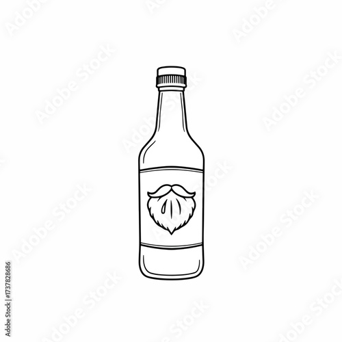 Hand drawn vector illustration of a bottle with a beard and mustache label, perfect for beverage branding or bar decor.