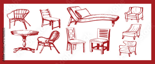 Doodle sketch of living room furniture, hand-drawn in different sizes and types, modern and vintage. Scandinavian furniture Interior elements Boho style. Vector illustration