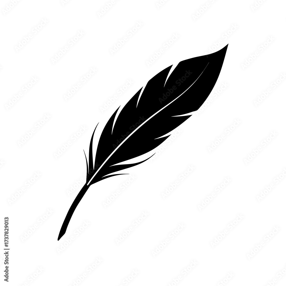 Obraz premium Illustration of a single black feather art on transparent background silhouette