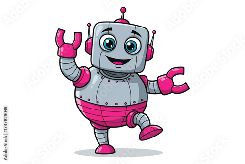 Vector art of a cheerful cartoon robot with a square head, round body, and pink accents waves its clawlike hands, its eyes sparkle with joy and curiosity