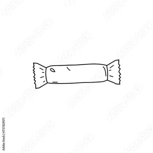 Vector illustration of wrapped candy bar in simple line art style on white background. Sweet treat for snacking and dessert. Concept for food packaging design.