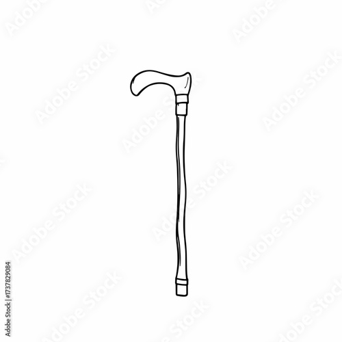Vector walking stick with curved handle and metal tip, simple black line drawing. Walking aid for mobility and balance, assistive device for elderly or disabled people.