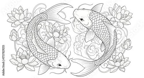 Elegant monochrome illustration of two koi fish swimming among blooming lotus flowers and flowing