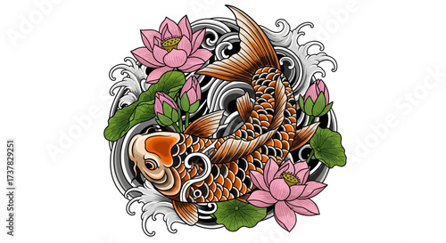 Detailed illustration showcasing a vibrant koi fish surrounded by delicate lotus flowers and