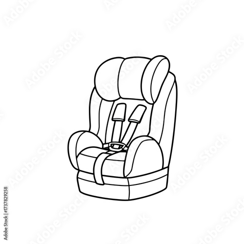 Child car seat outline drawing for safety instruction. Child car seat features harness system and padded head support, ensuring child protection.