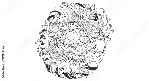 Detailed monochromatic illustration of two koi fish intertwining with lotus flowers and waves