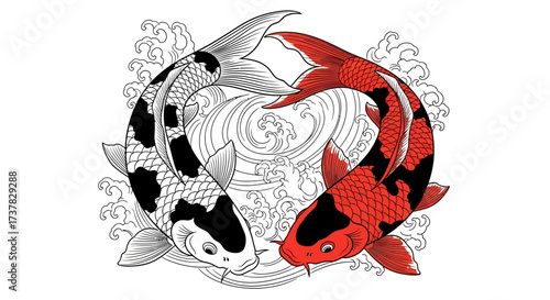 Two elegantly drawn koi fish in a circular composition symbolizing balance and harmony with