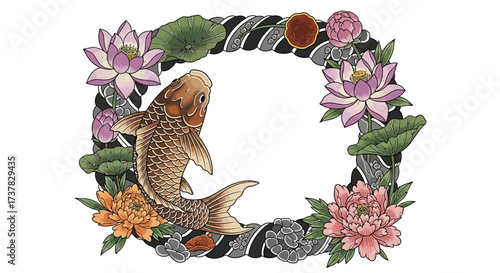 Koi fish and lotus flowers frame design featuring japanese style illustration art work