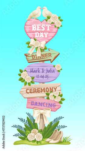 Wedding party directional signs, wooden signboard. Cartoon vector romantic holiday signpost with pastel wood boards, decorative white doves, roses, ribbons, and labeled arrows with names and date