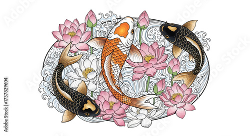 Harmonious koi fishes swimming among delicate water lilies in serene artwork design