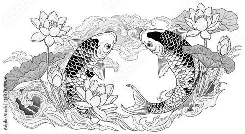 Koi Fish Serenity: A Monochrome Illustration of Harmony and Aquatic Elegance with Lotus Flowers