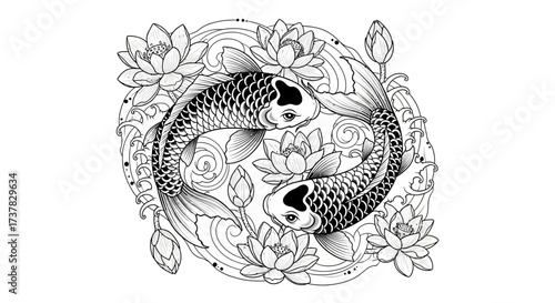 Artistic koi fishes and water lilies illustration in intricate monochrome design for coloring page