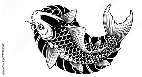 Elegant monochrome koi fish illustration symbolizing prosperity and good fortune through a