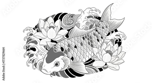 Detailed illustration of a koi fish with lotus flowers and stylized water waves