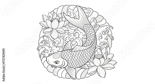 Elegant depiction of a koi fish swimming amidst lotus blossoms and gentle water ripples