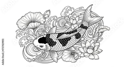Intricate grayscale depiction of a koi fish swimming amidst swirling waters and lotus blooms