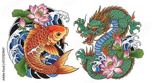 Harmony and Contrast: Koi Fish and Dragon amidst Lotus Flowers and Rolling Waves Depiction