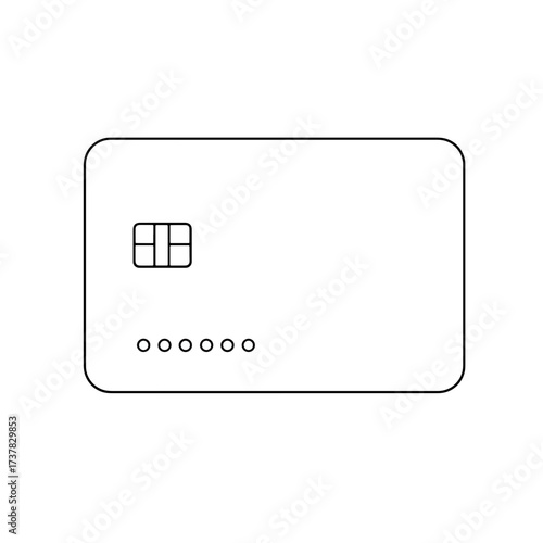 Outline credit card icon with EMV chip, blank dots, representing payment solution. Minimalist credit card graphic for financial interface design, secure transactions.