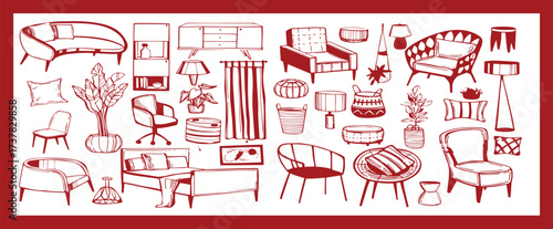 Doodle sketch of living room furniture, hand-drawn in different sizes and types, modern and vintage. Scandinavian furniture Interior elements Boho style. Vector illustration