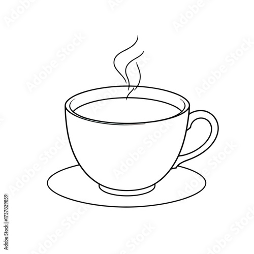 Steaming coffee cup presented on saucer, simple outline drawing illustrates a warm beverage with rising steam, minimalist style graphic. Concept steaming coffee cup for morning drink branding,