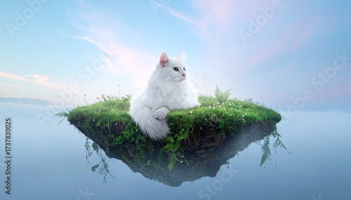 Majestic White Cat on a Floating Green Island in a Misty Sky with Wildflowers, Soft Gradient Blues and Pinks, and Ethereal Glow – Magical, Serene, Dreamy Fantasy Landscape Scene