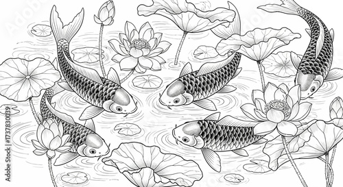 Koi fish and lotus flowers illustration in a serene pond monochrome drawing style