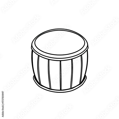 Drum outline illustration on plain white background. This detailed drum shows musical instrument in simple black lines, showcasing its basic form. Drum outline design for music related projects.
