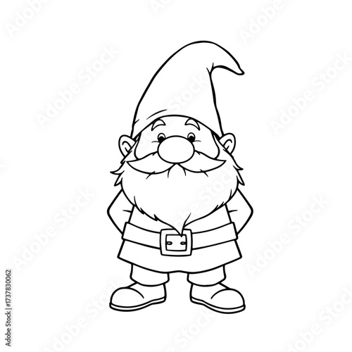 Adorable garden gnome illustration with its traditional pointy hat and beard. This garden gnome graphic in black and white features an appealing outfit, perfect for coloring books.