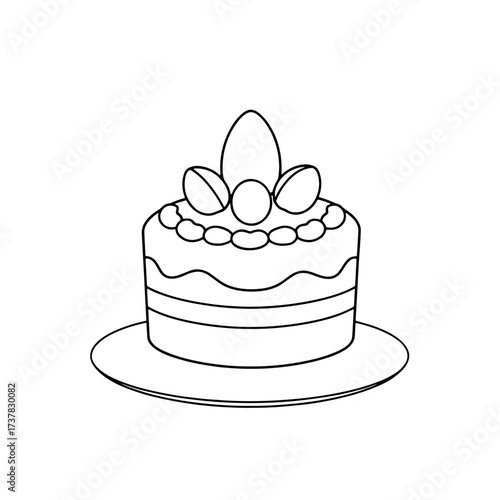 Easter cake on plate is a delicious, festive treat, drawn in black and white, and symbolizing the celebration. Easter cake is an artistic rendering of traditional holiday baking and culinary customs.