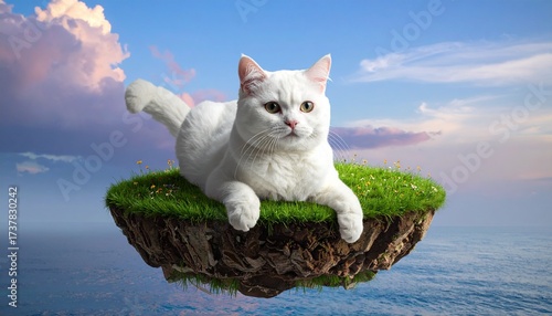 Majestic White Cat on a Floating Green Island in a Misty Sky with Wildflowers, Soft Gradient Blues and Pinks, and Ethereal Glow – Magical, Serene, Dreamy Fantasy Landscape Scene