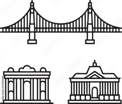 Architectural Landmarks Line Icon Set Bridge and Classical Building