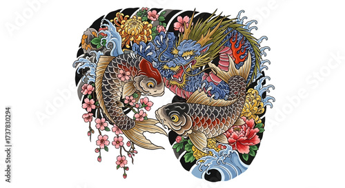 Intricate tattoo design featuring a dragon entwined with koi fish amid floral elements