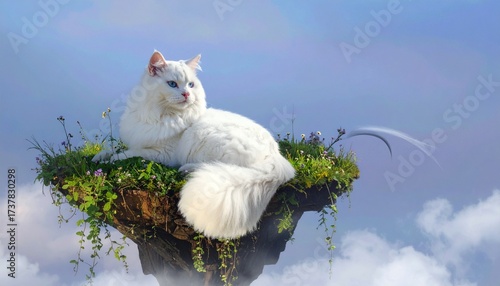 Majestic White Cat on a Floating Green Island in a Misty Sky with Wildflowers, Soft Gradient Blues and Pinks, and Ethereal Glow – Magical, Serene, Dreamy Fantasy Landscape Scene