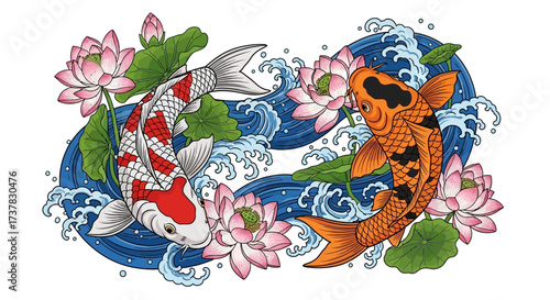 Elegant koi fish illustration with lotus flowers and flowing water design concept
