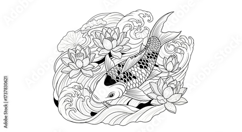Elegant koi fish artwork in flowing water with delicate lotus flowers tattoo design