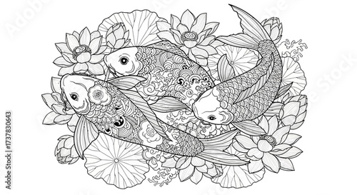 Elegant koi fish amidst serene lotus flowers line art perfect for coloring books or refined designs