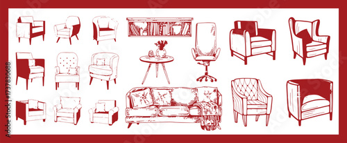 Doodle sketch of living room furniture, hand-drawn in different sizes and types, modern and vintage. Scandinavian furniture Interior elements Boho style. Vector illustration
