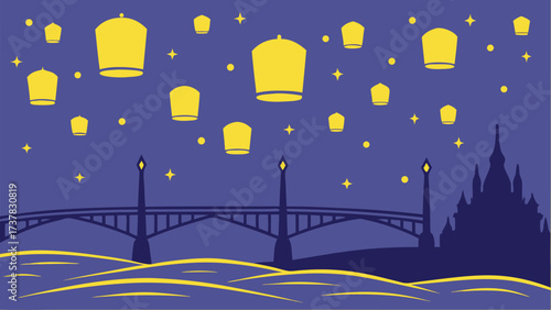 Yellow lanterns illuminate the dark blue night sky above a bridge and castle silhouette