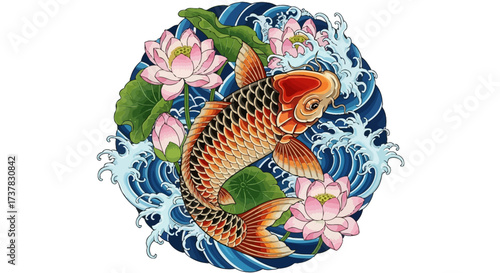 Golden koi fish gracefully swimming among pink lotus flowers against blue wave pattern