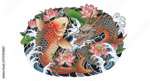Koi fish and dragon illustration fighting with lotus flowers and waves, Japanese inspired design
