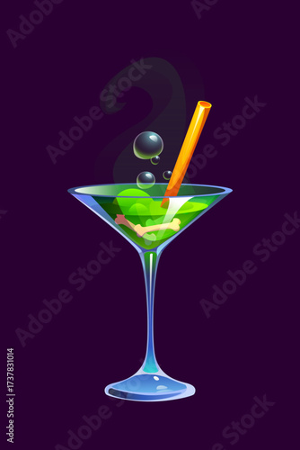 Halloween holiday cocktail drink or scary potion cup with bones, cartoon vector. Halloween horror night trick or treat party monster cocktail glass or spooky drink with skeleton bones in green acid