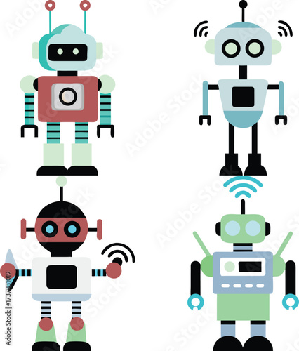 Four unique robots displaying advanced technology, symbolizing innovation and futuristic concepts