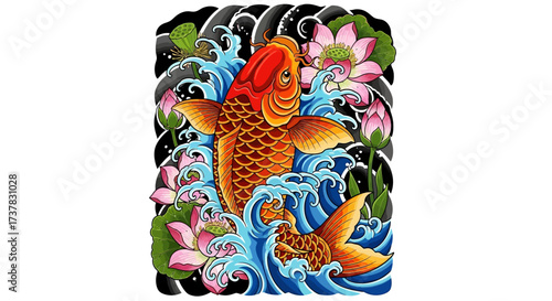 Artistic depiction of koi fish and lotus flowers creating a harmonious oriental design